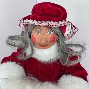 Vintage Handmade Mrs Claus Doll Papier Mache Face Red Velvet Dress